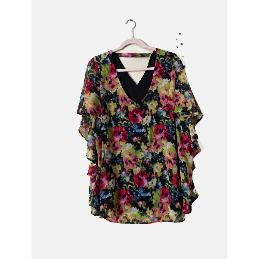 New York Collection Women V-Neck Multicolor Lined Pullover Kimono Blouse Size XL